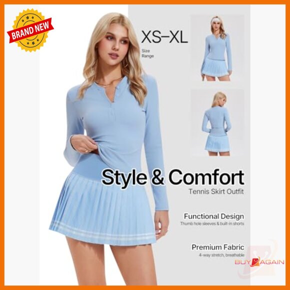 Long Sleeve Henley Top & Pleated Skort Tennis Set - Slim Fit Athletic Outfit - Picture 2 of 7